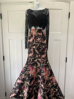 Sherri Hill two piece Black Floral Mermaid Prom Dress with Pink and Gold Accents